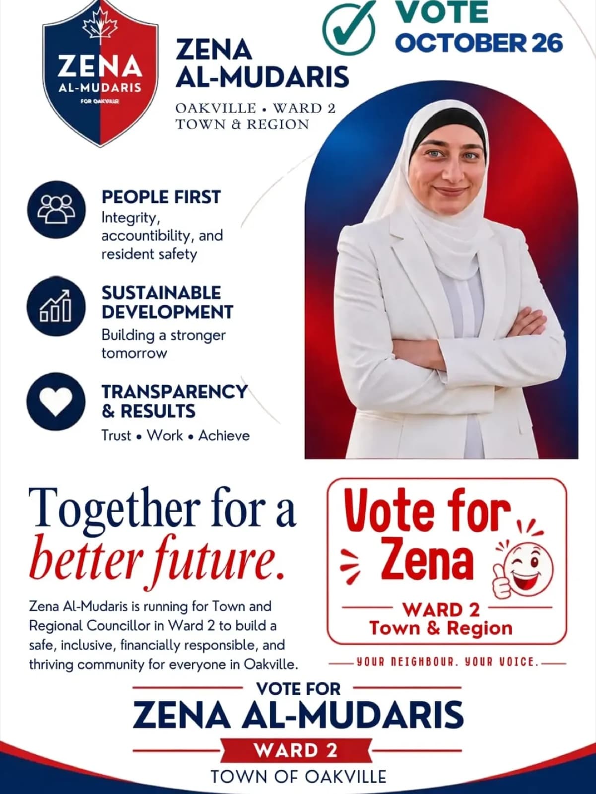 Zena Al-Mudaris campaign flyer showing her portrait, the three priorities, and Vote October 26, Ward 2, Town of Oakville