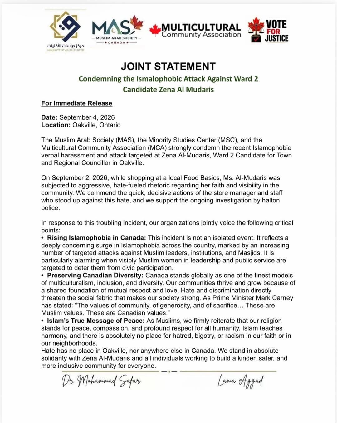 Joint statement from the Muslim Arab Society, Minority Studies Center, and Multicultural Community Association condemning the Islamophobic attack on Zena Al-Mudaris, dated September 4, 2026