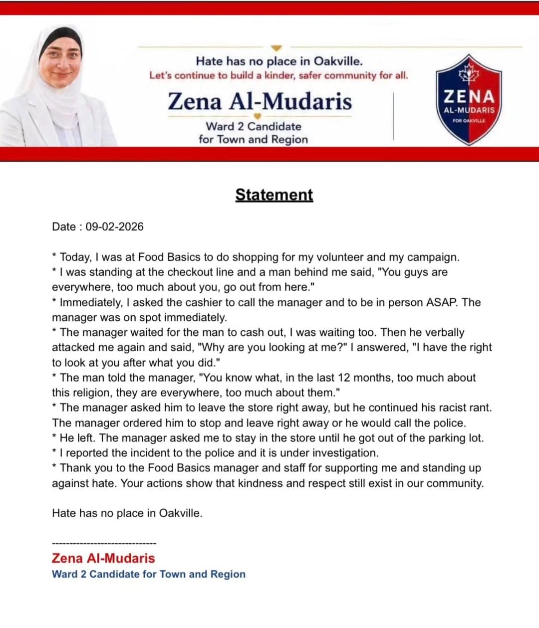 Zena Al-Mudaris's published statement headed Hate has no place in Oakville, dated September 2, 2026