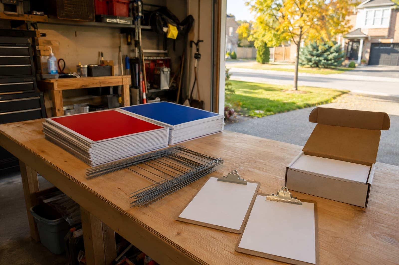 Stacked red and blue lawn signs with wire stakes and clipboards ready for delivery