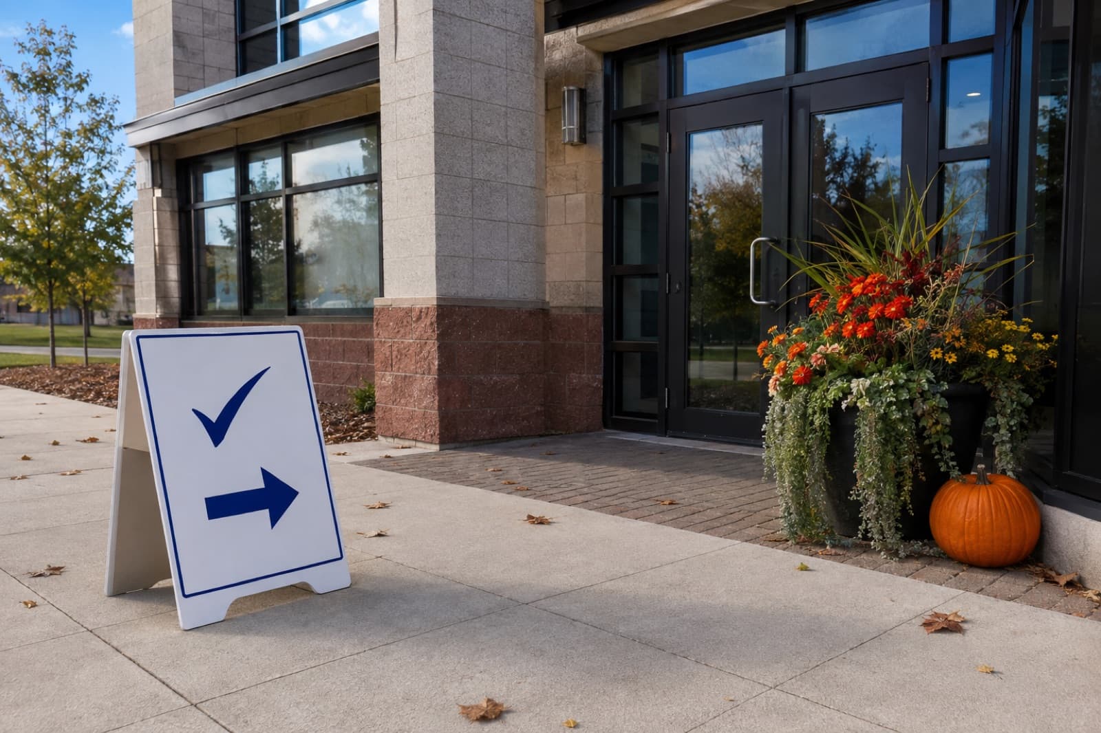 Entrance of a community centre used as a voting place, with a sandwich-board sign showing a checkmark
