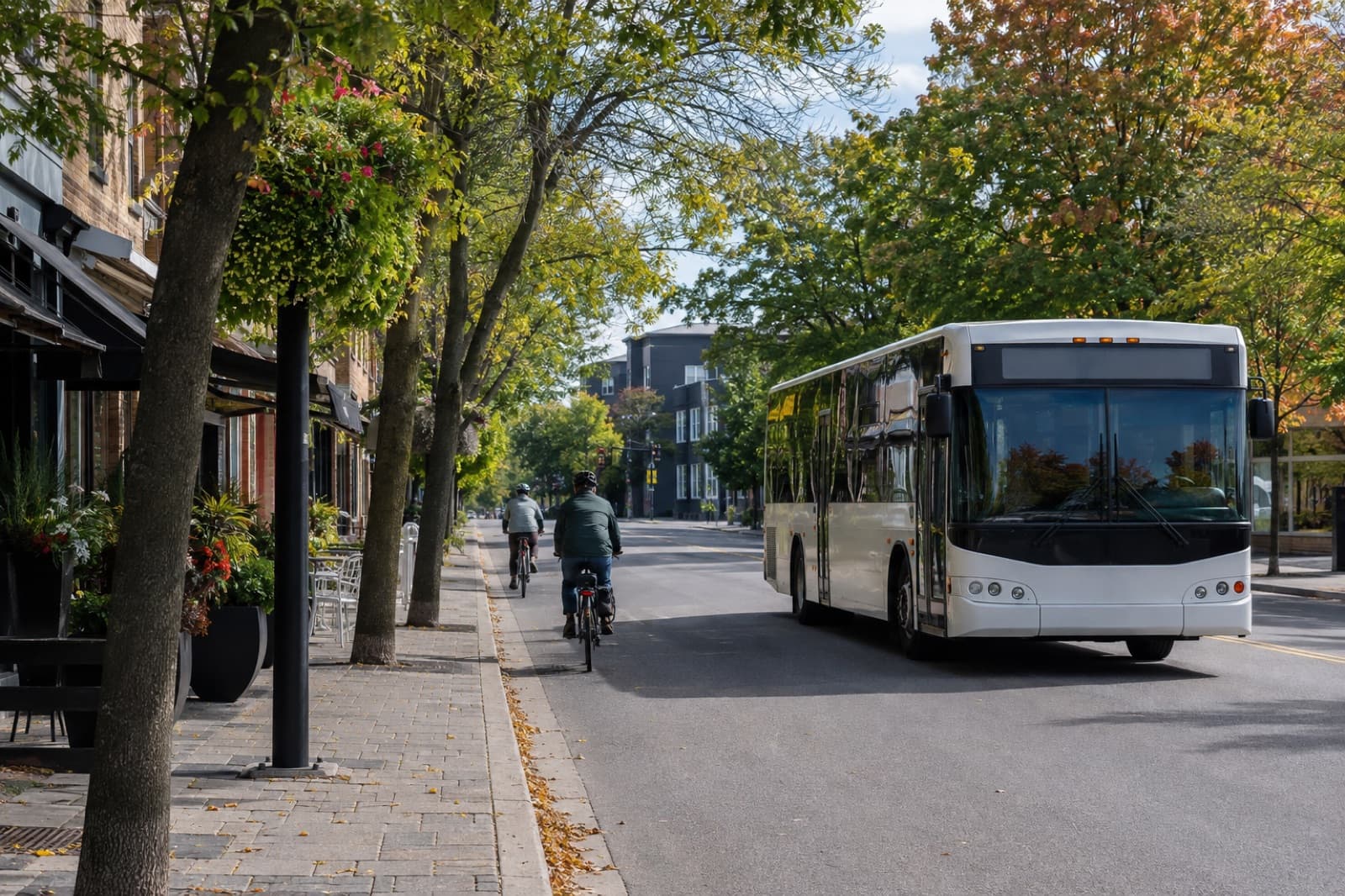 AI-generated illustration: a leafy Oakville main street with independent shops and a passing town bus